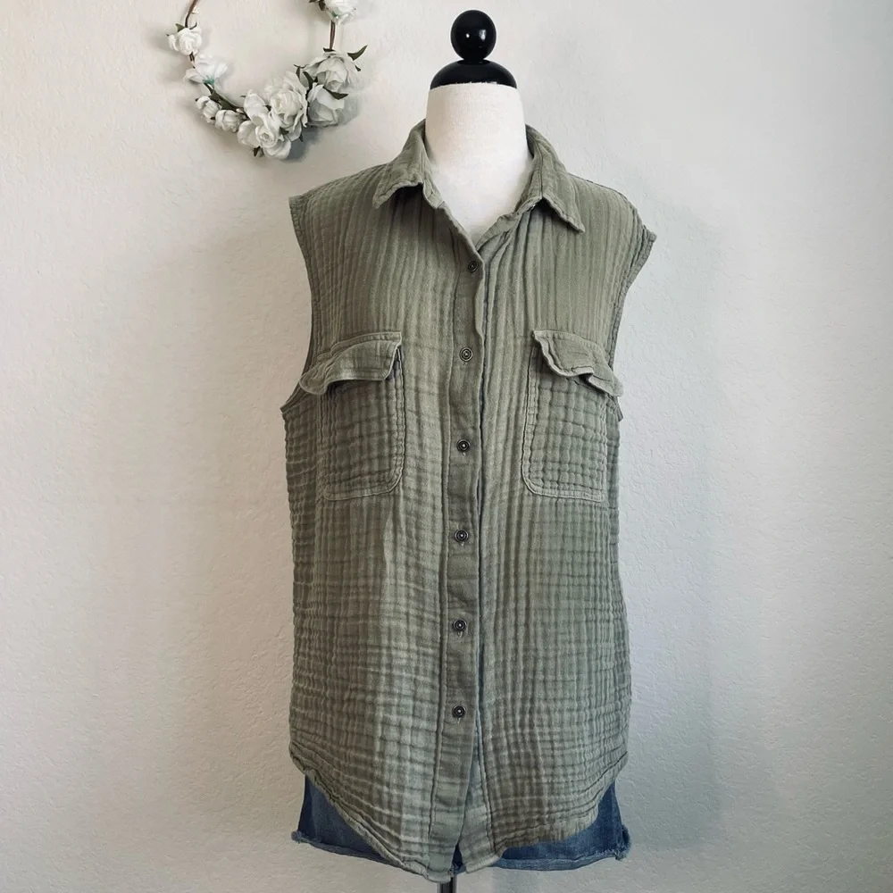 Free People Sleeveless Gauze Buttondown